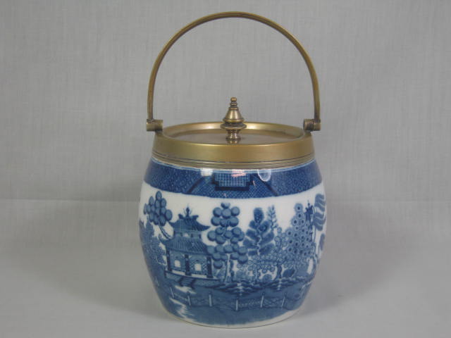 Antique Mintons Flow Blue Willow Porcelain Biscuit Jar Brass Trim Asian Scene NR