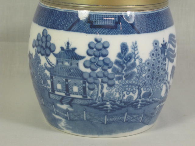Antique Mintons Flow Blue Willow Porcelain Biscuit Jar Brass Trim Asian Scene NR 1