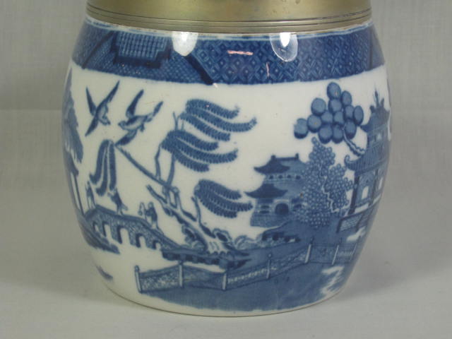 Antique Mintons Flow Blue Willow Porcelain Biscuit Jar Brass Trim Asian Scene NR 2