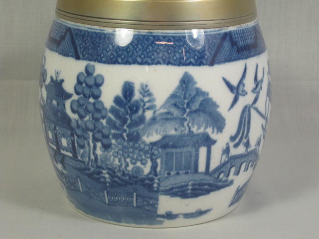 Antique Mintons Flow Blue Willow Porcelain Biscuit Jar Brass Trim Asian Scene NR 3