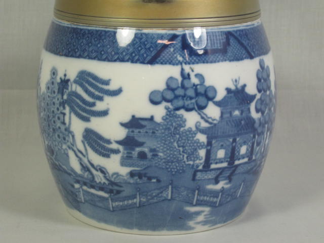 Antique Mintons Flow Blue Willow Porcelain Biscuit Jar Brass Trim Asian Scene NR 4