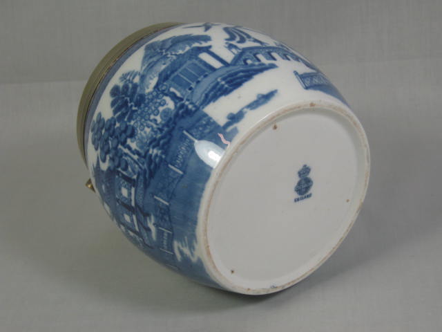 Antique Mintons Flow Blue Willow Porcelain Biscuit Jar Brass Trim Asian Scene NR 8