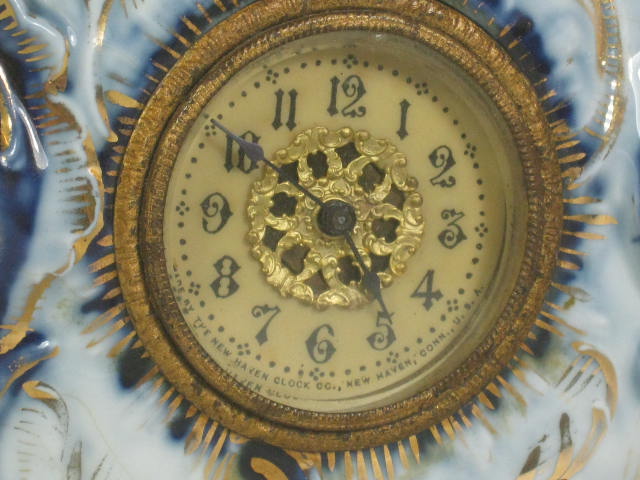 Vtg Antique Porcelain Flow Blue New Haven Co Mantle Mantel Shelf Clock No Res! 3