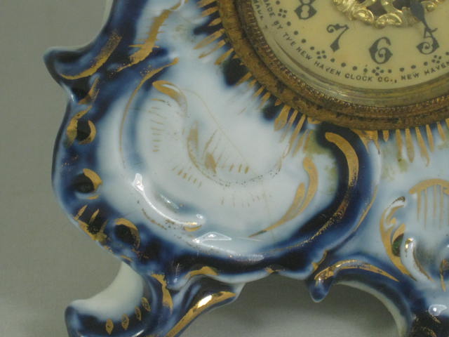 Vtg Antique Porcelain Flow Blue New Haven Co Mantle Mantel Shelf Clock No Res! 6