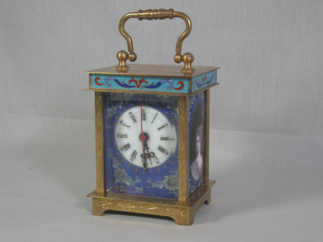 Antique Brass Hand Painted Enameled Porcelain Carriage Alarm Clock Bevel Glass
