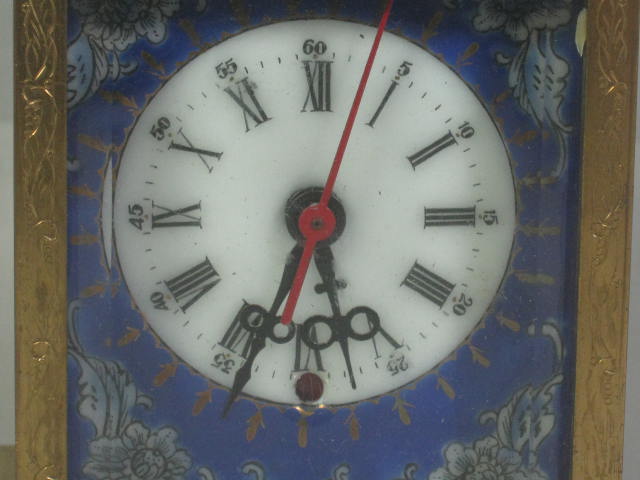 Antique Brass Hand Painted Enameled Porcelain Carriage Alarm Clock Bevel Glass 1