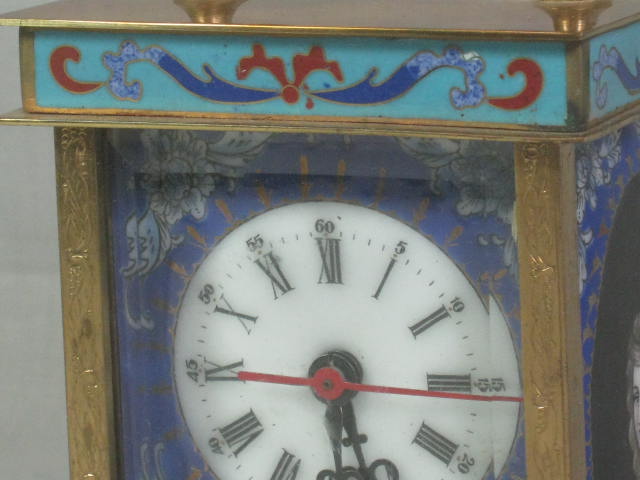 Antique Brass Hand Painted Enameled Porcelain Carriage Alarm Clock Bevel Glass 2