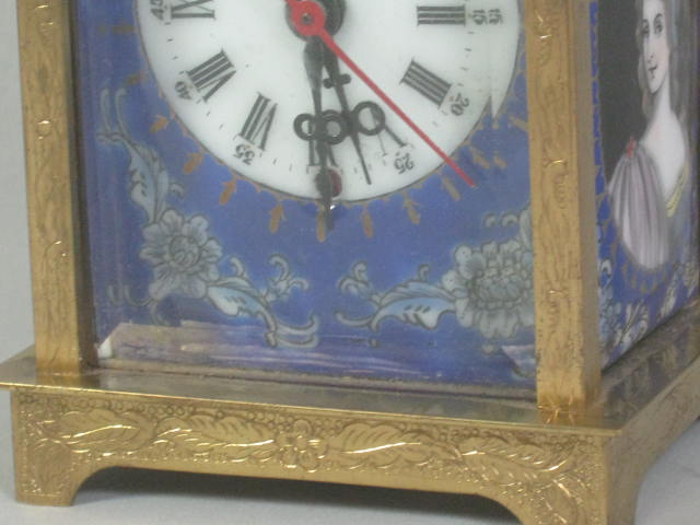 Antique Brass Hand Painted Enameled Porcelain Carriage Alarm Clock Bevel Glass 3