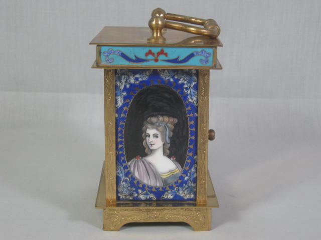 Antique Brass Hand Painted Enameled Porcelain Carriage Alarm Clock Bevel Glass 4