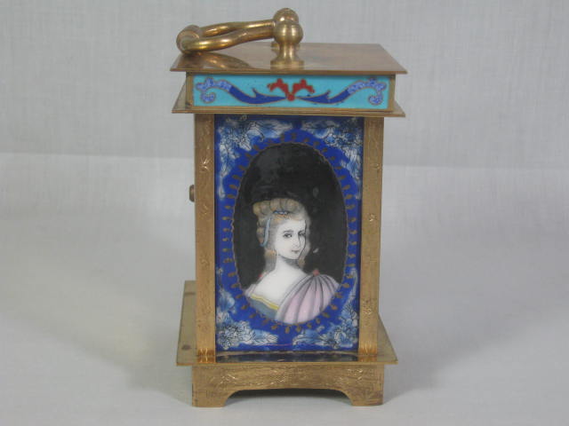 Antique Brass Hand Painted Enameled Porcelain Carriage Alarm Clock Bevel Glass 6