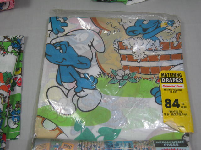 Vintage Smurf Lot Twin Fitted Sheets NEW Curtains 84" Pleated Drapes Set NO RES! 1