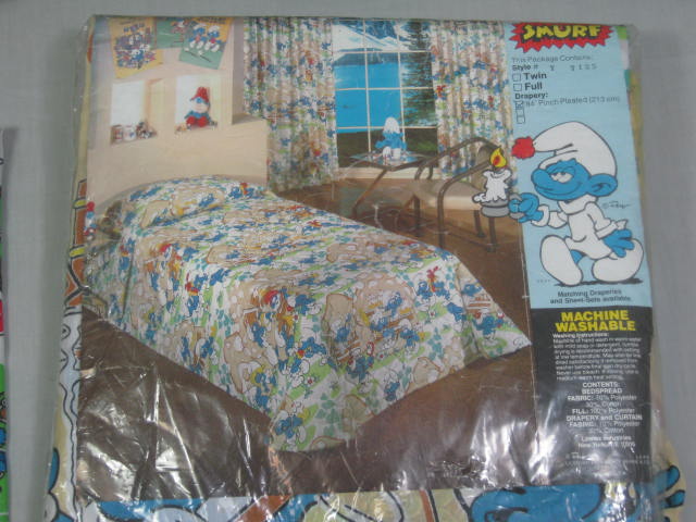 Vintage Smurf Lot Twin Fitted Sheets NEW Curtains 84" Pleated Drapes Set NO RES! 2