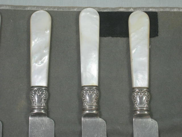 12 Antique Meriden 1855 Sterling Silver Mother Of Pearl Knives Forks Orig Pouch 1
