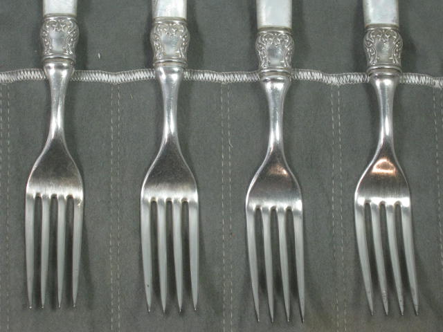 12 Antique Meriden 1855 Sterling Silver Mother Of Pearl Knives Forks Orig Pouch 5