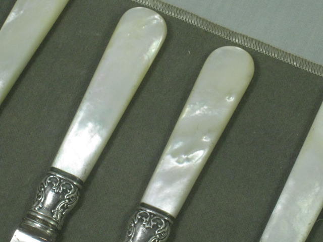 12 Antique Meriden 1855 Sterling Silver Mother Of Pearl Knives Forks Orig Pouch 6