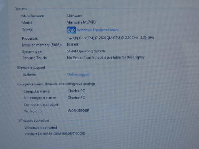 Dell Alienware M17XR3 Laptop Intel Core i7 2810QM 2.30GHz 16GB 1.5TB HDD Blu Ray 3