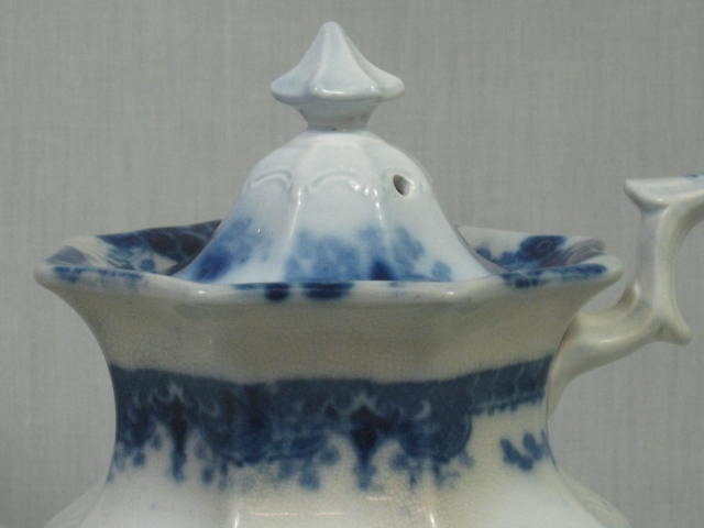 Antique c1860 Challinor Shell Pattern Flow Blue Porcelain Coffee Pot With Lid NR 5
