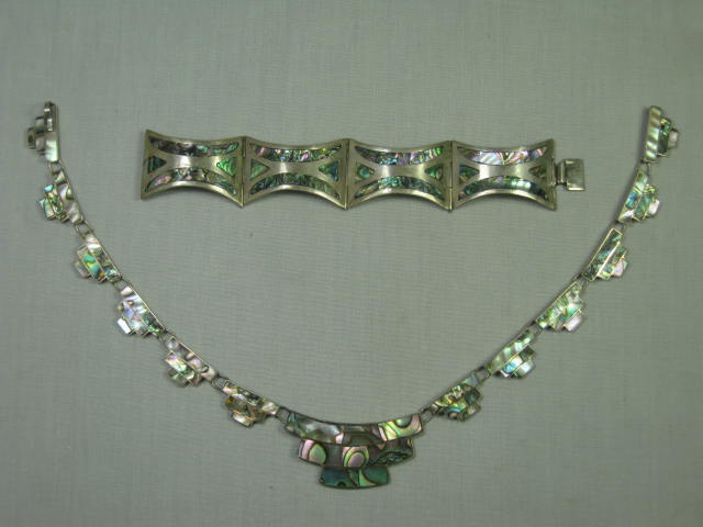 Vintage Sterling Silver Abalone Necklace & Bracelet Set Taxco Mexico 92.5 No Res