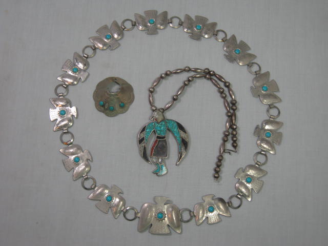 Vintage Native American Silver Turquoise Belt Pendant Necklace Turquoise Coral