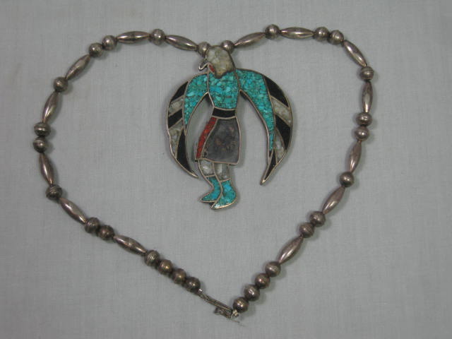 Vintage Native American Silver Turquoise Belt Pendant Necklace Turquoise Coral 4