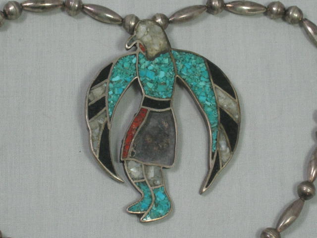 Vintage Native American Silver Turquoise Belt Pendant Necklace Turquoise Coral 6