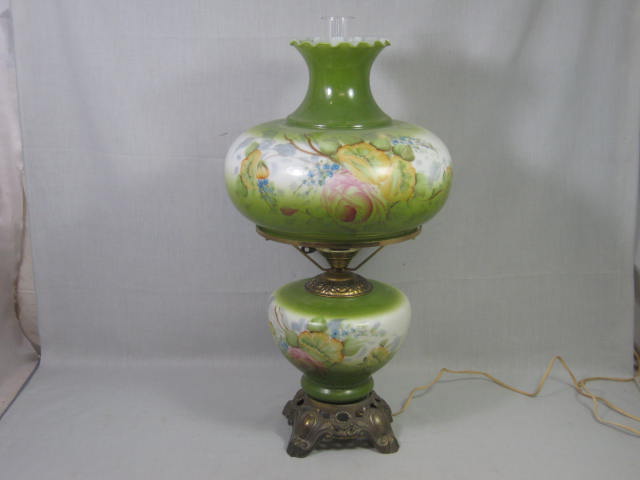 Antique Vintage 25" Tall Green Glass Gone With The Wind Hurricane Lamp Floral