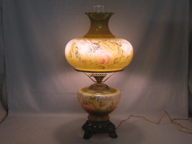 Antique Vintage 25" Tall Green Glass Gone With The Wind Hurricane Lamp Floral 1