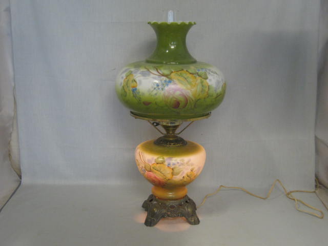 Antique Vintage 25" Tall Green Glass Gone With The Wind Hurricane Lamp Floral 3