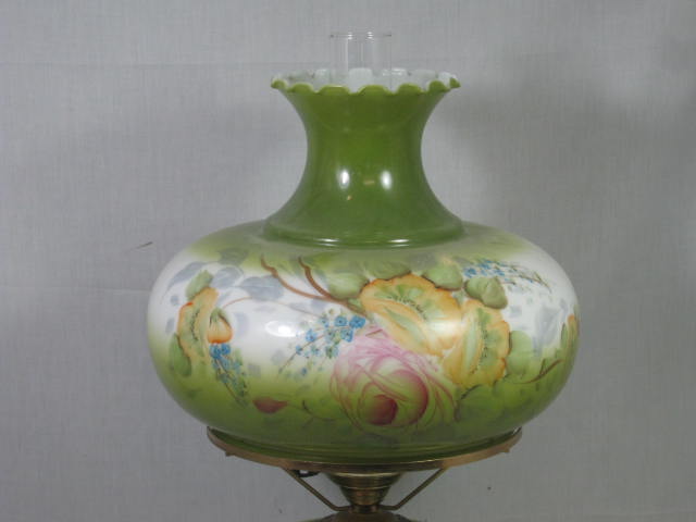 Antique Vintage 25" Tall Green Glass Gone With The Wind Hurricane Lamp Floral 5