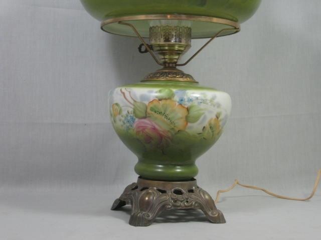Antique Vintage 25" Tall Green Glass Gone With The Wind Hurricane Lamp Floral 8