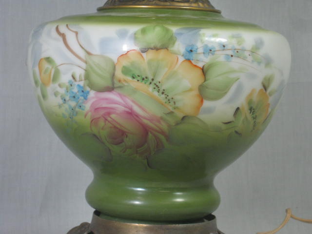 Antique Vintage 25" Tall Green Glass Gone With The Wind Hurricane Lamp Floral 9