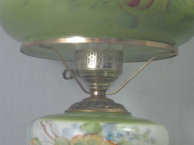 Antique Vintage 25" Tall Green Glass Gone With The Wind Hurricane Lamp Floral 10