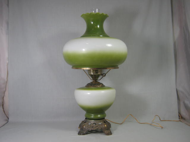Antique Vintage 25" Tall Green Glass Gone With The Wind Hurricane Lamp Floral 12