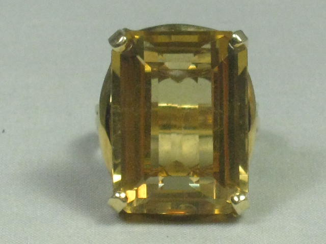 Vtg 1950s Kimberly 14K Gold Amber Topaz Size 6 Emerald Cut Cocktail Ring 3/4" NR 1