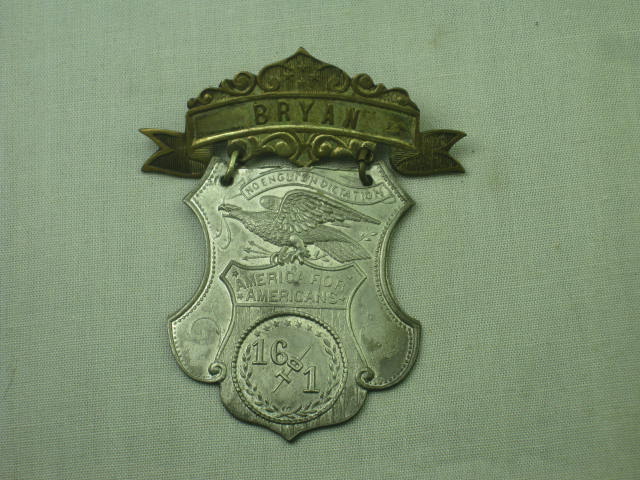 1896 William Jennings Bryan Presidential Campaign Badge America For Americans NR