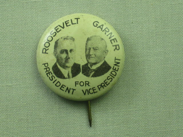 1932 Franklin D Roosevelt John Garner Jugate Campaign Pin Pinback Button 7/8" NR