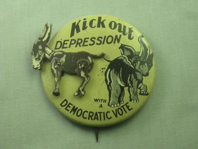 1932 Franklin D Roosevelt FDR Kick Out Depression Mechanical Pin Pinback Button