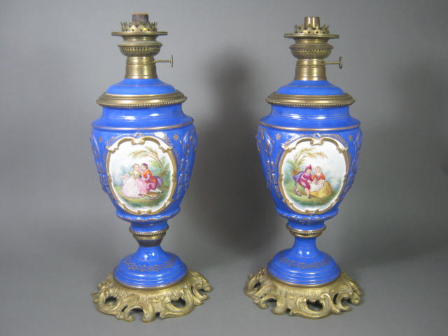 Antique Victorian Blue Porcelain Brass Oil Kerosene Lamps Brevete Kosmos Brenner