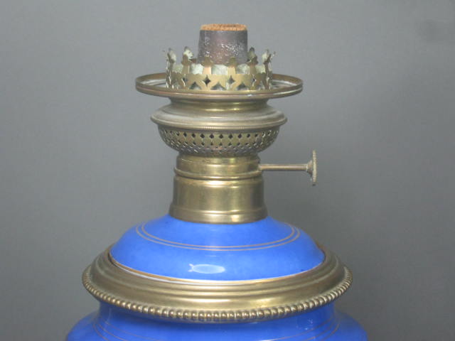 Antique Victorian Blue Porcelain Brass Oil Kerosene Lamps Brevete Kosmos Brenner 1