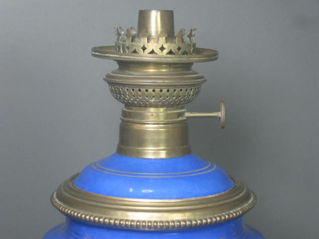 Antique Victorian Blue Porcelain Brass Oil Kerosene Lamps Brevete Kosmos Brenner 4