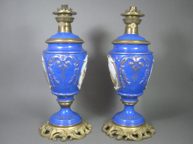 Antique Victorian Blue Porcelain Brass Oil Kerosene Lamps Brevete Kosmos Brenner 7
