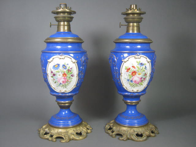 Antique Victorian Blue Porcelain Brass Oil Kerosene Lamps Brevete Kosmos Brenner 8