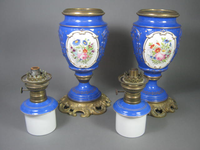 Antique Victorian Blue Porcelain Brass Oil Kerosene Lamps Brevete Kosmos Brenner 11